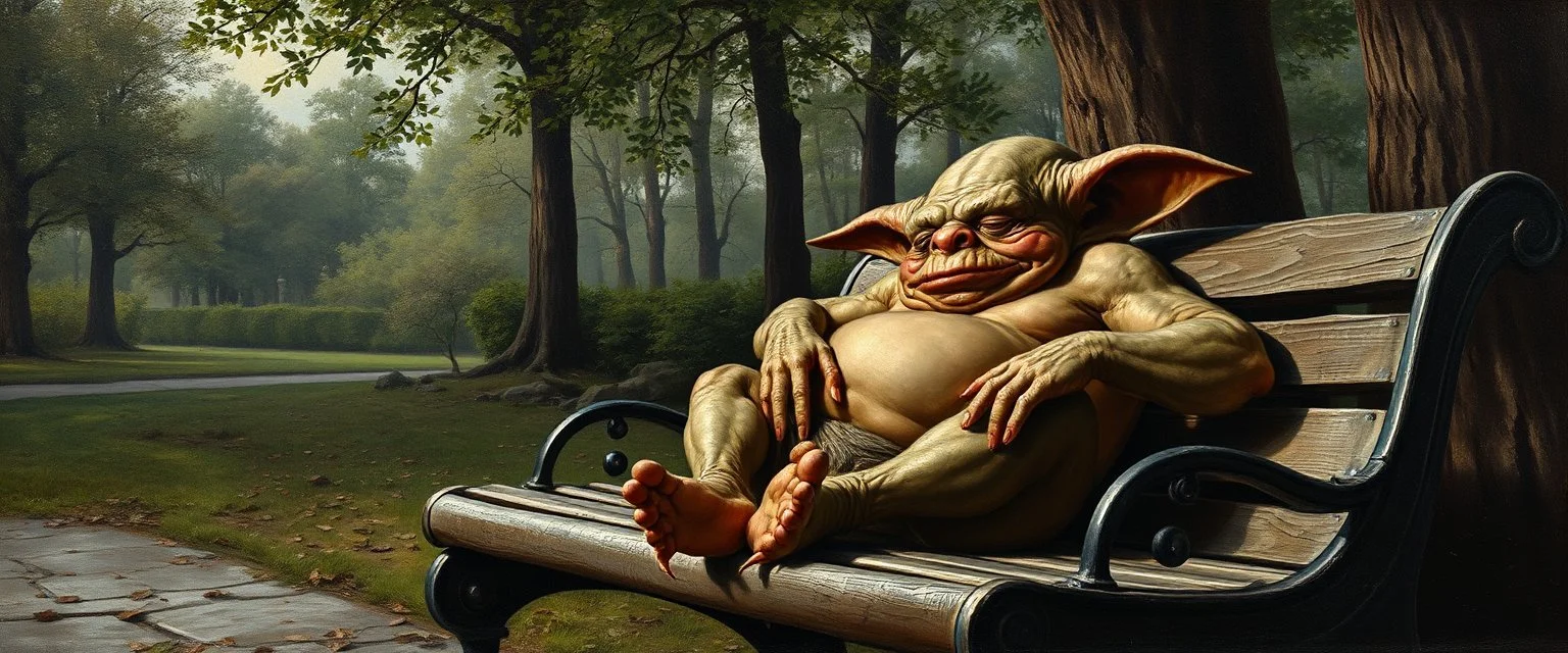 master oil painting by Rembrandt, fat orc gremlin sleeping on a bench in the park