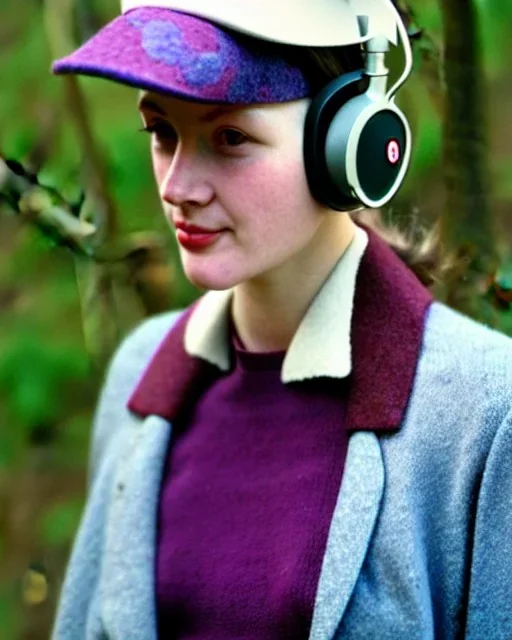 Everything she wear is in the image. of young woman, plum-blue-magenta-camouflage. She wears mantel and simple blouse.Felt cloth visor with tippet. SMALL FELT CAP is merged to Old AKG headphones with recognizable Golden rings! cloth materials are denim and felt cloth mixed. Fashion 1990's. Colors: Cream white, zinc plate, red ochre, ochre, orange - all mixed. Thick tights. Thick calves. She is in figure from top to toe.