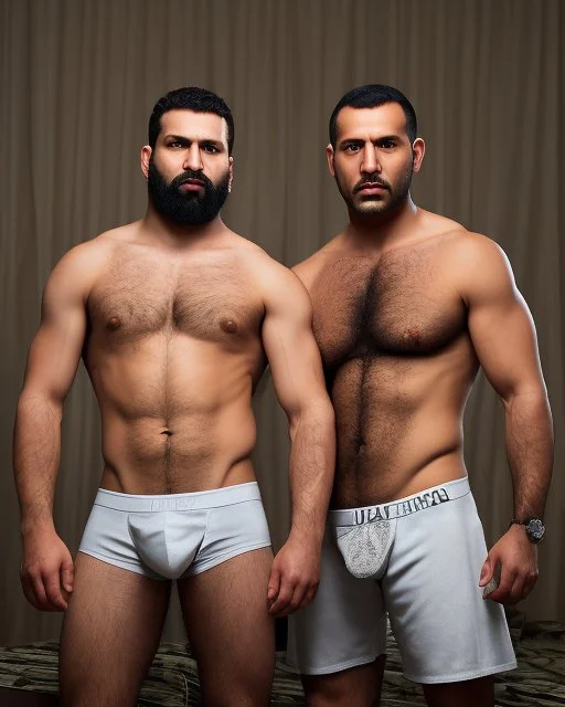 full figure shot photography of two arab prisoners in cell sitting on the edge of a bed talking, muscular hairy chubby 45 years old,long beard, low lights, misery and poverty, in undershirt and boxers, little light enters from a skylight above, lights from above, photorealistic, ambient occlusion, front view from below