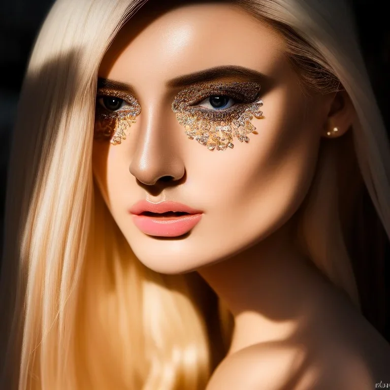 masterpiece, best quality, woman, sparkling eyes, fluorescent skin, blond flutter hair, highly detailed body, sun light, 4K, RAW, depth of field, high contrast, realistic details, 24mm