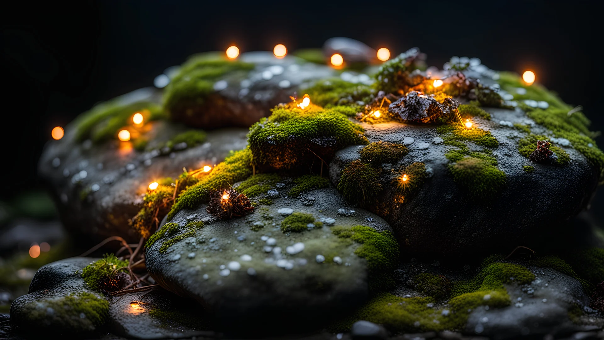 Christmas lights on a wet rock with moss and lichens,dark background,dramatic scene,