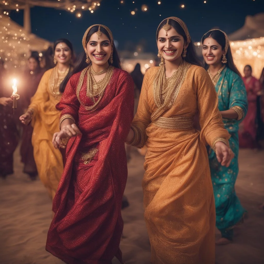 Hyper Realistic Traditional Pushto girls & women smiling & whirling with wearing traditional desi cloths at night in a cultural celebration with other people & lights