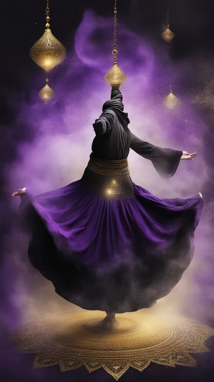 Hyper Realistic Sufi Whirling with Black, & Purple Islamic Sufi Rustic Grungy Background with golden crystals & fog around at night