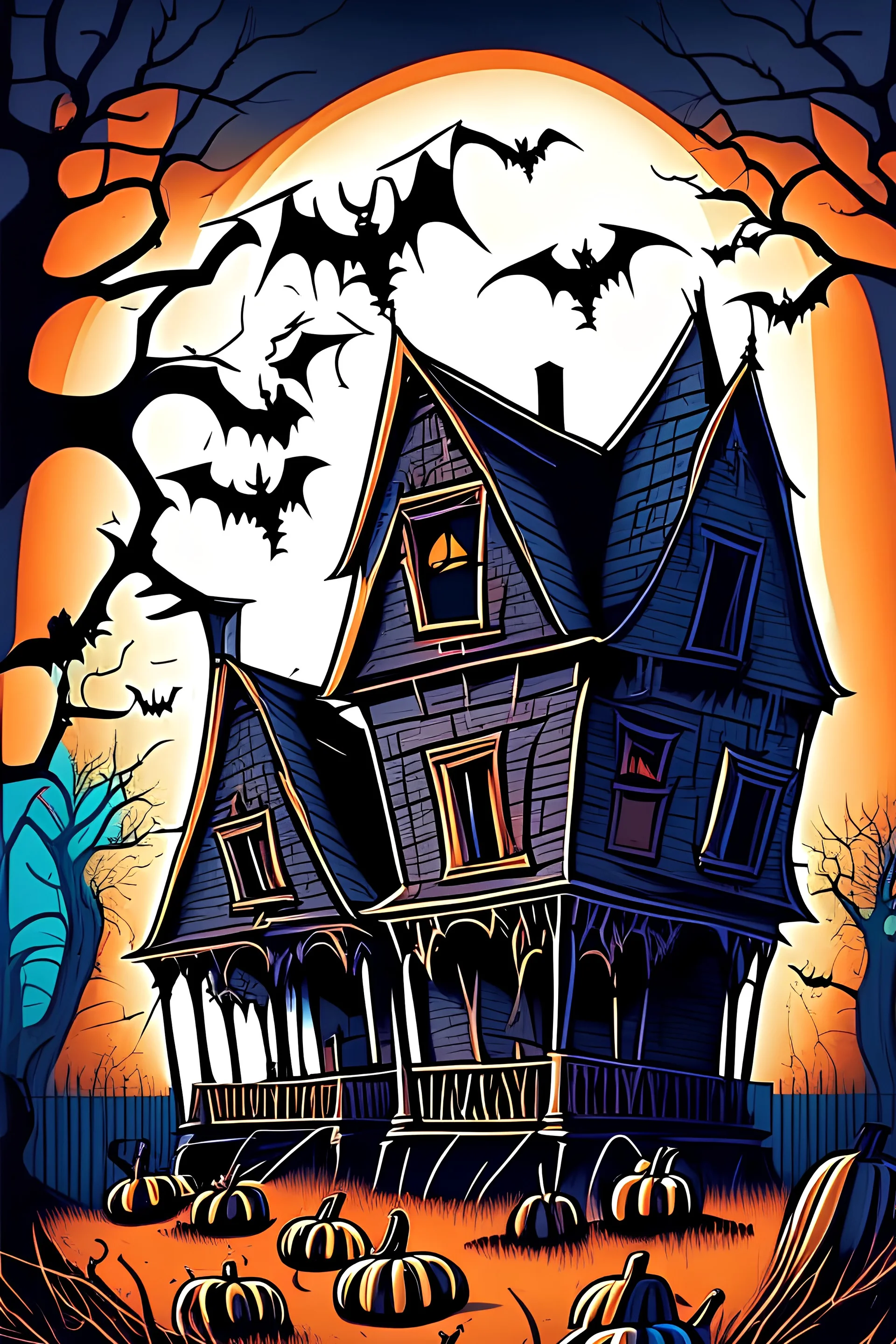 Spooky Halloween Haunts with ghosts pumpkins bats and old house in the background, cartoon style, thick lines, low detail, vivid color