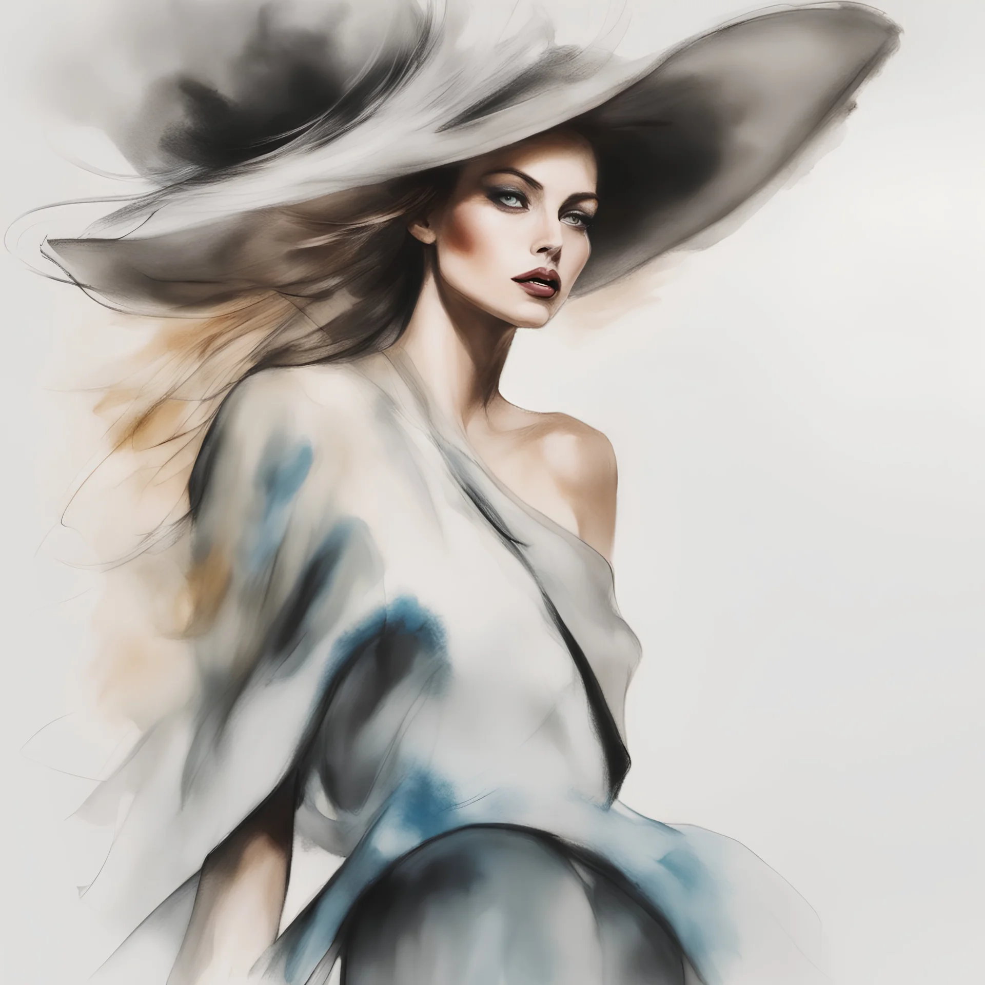 A beautiful danish female fashion model posing in a atonishing movement. a natural, blurry, ABSTRACT Dissolving esvanescence, elegant, stylish, Ralph Steadman fashion drawing style. Tom Ford, Isabel Marant, Raf Simons outfit, voluminous modern new wave hair style, natural makeup. A combination of shape, color and form and volume, that pleases the aesthetic senses, innovation and experimentation, dream and fantasy, surprise. --ar 4:5 --s 250