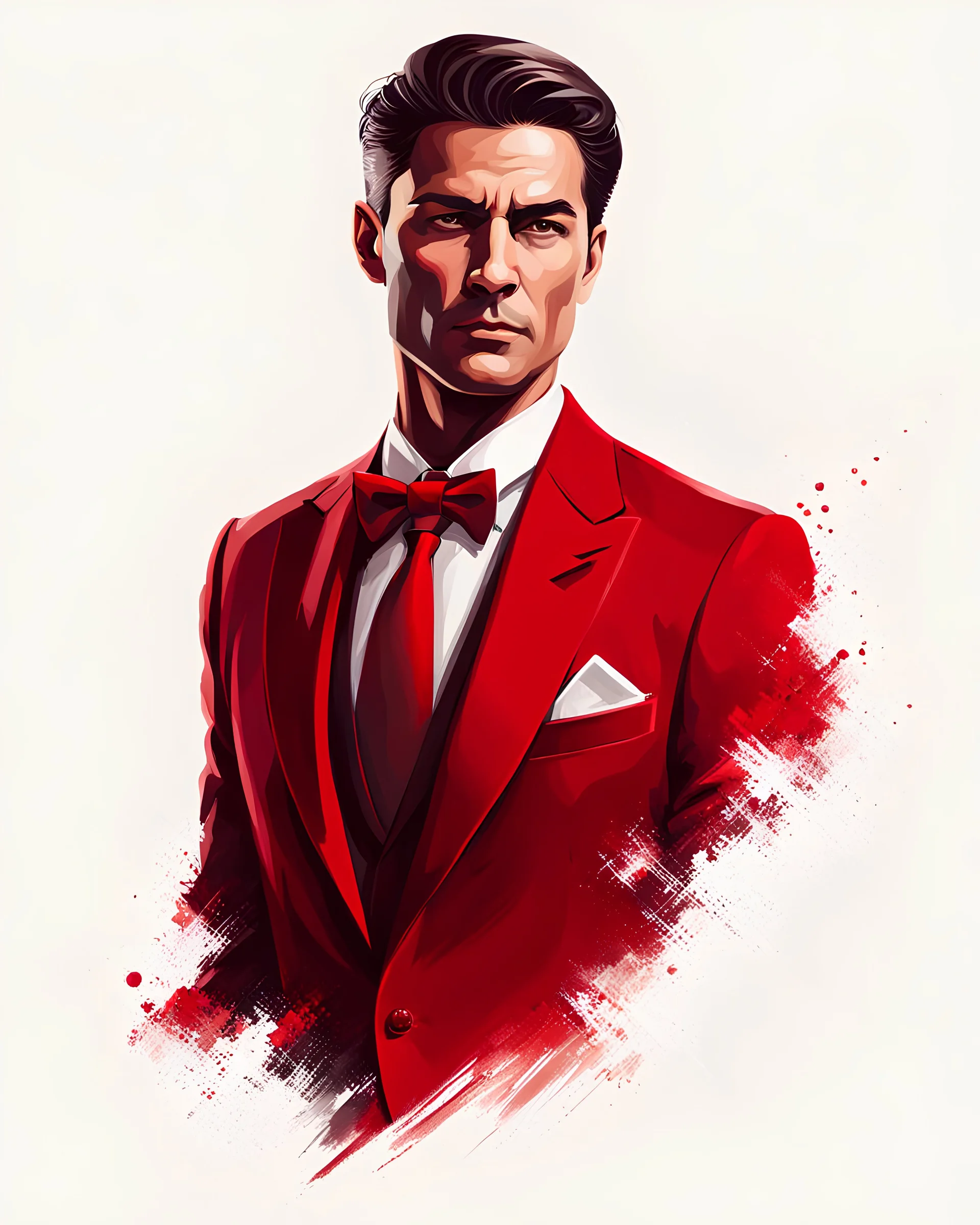 Create a compelling image featuring a man in a red suit with a dapper expression against a white background. Specify a hand-drawn style with bold strokes, emphasizing the meaning of the subject. Ensure the composition captures the essence of elegant expression, creating a visually striking and impactful scene through the use of hand-drawn strokes.