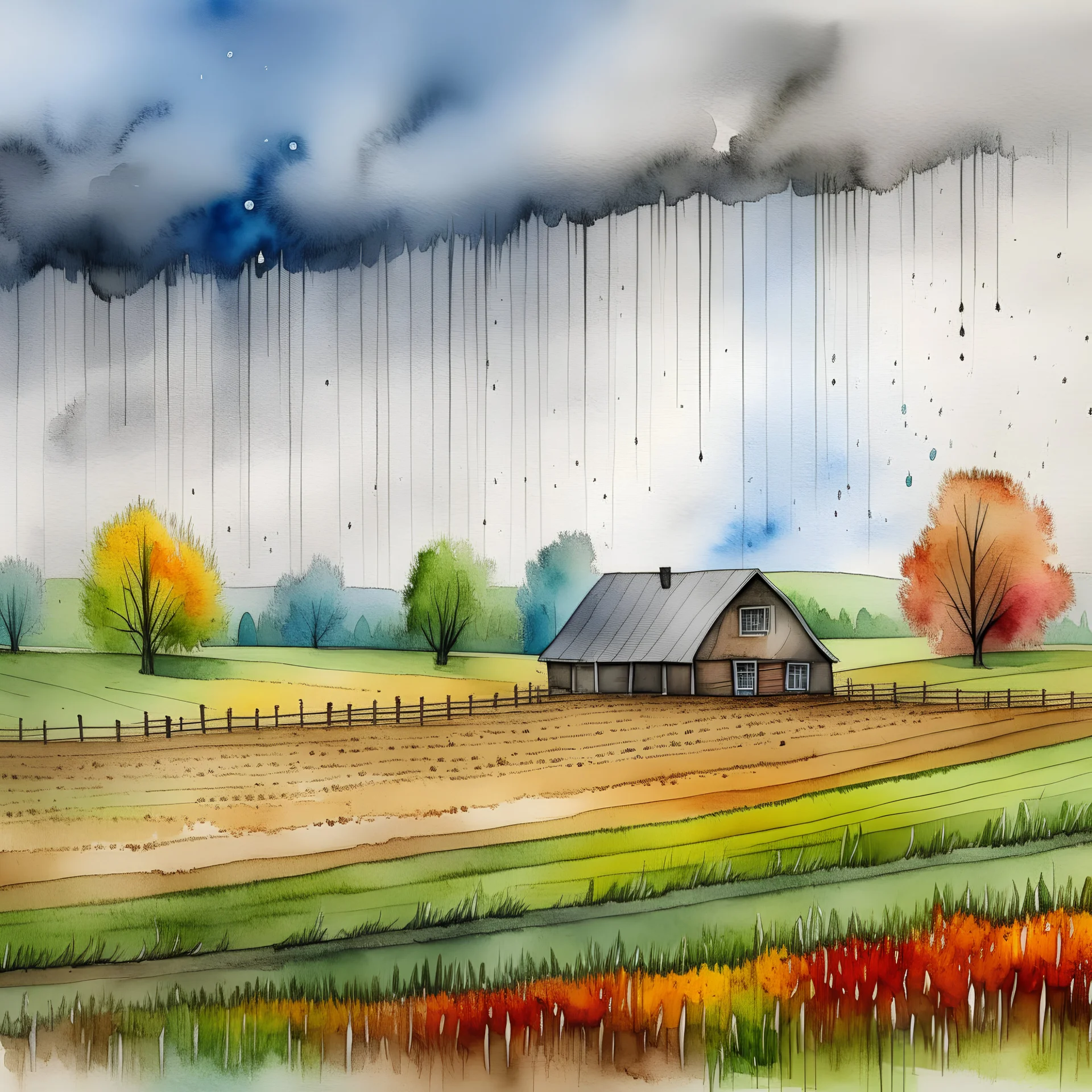 November cloudy gloomy rainy day at the farm, watercolor, rain effect, rainbow in distance