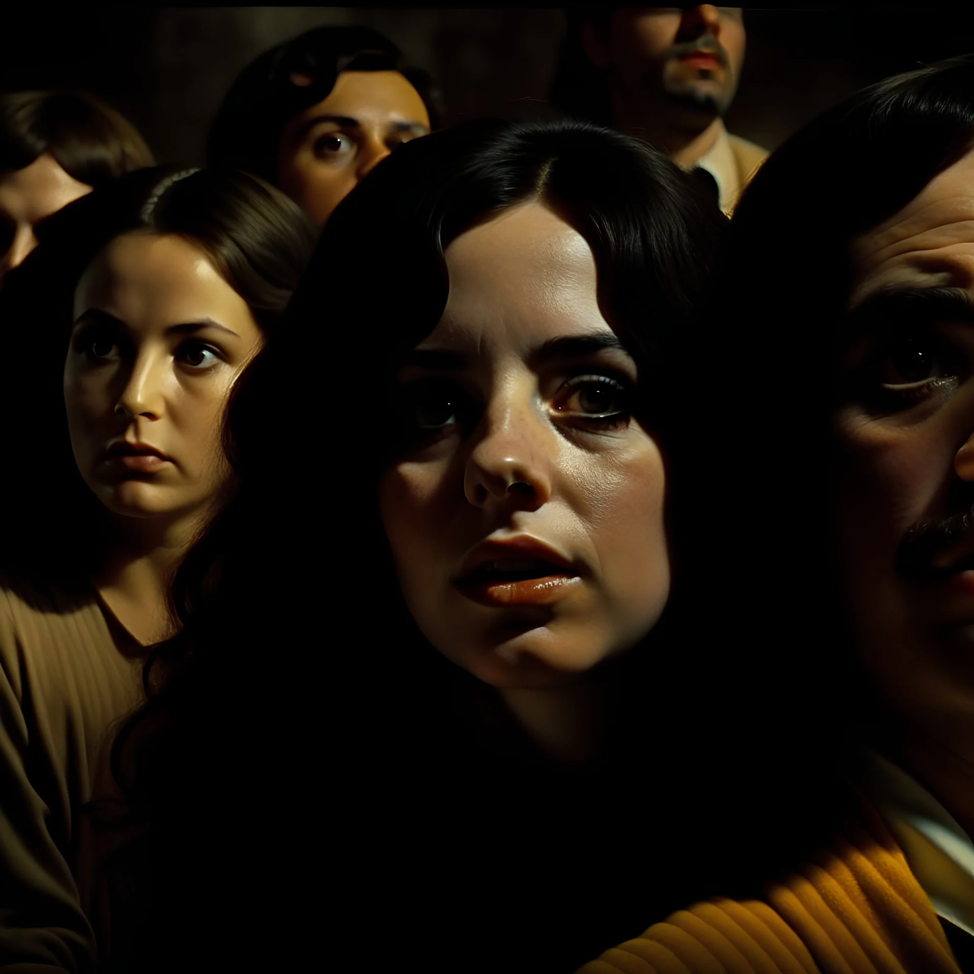 Strong texture, photorealism, Caravaggio, many people. Surreal, eerily mysterious, pastel colors. Italian horror, Dario Argento. Movie shot, spooky horror. 1970's Italian art. 33mm photography.