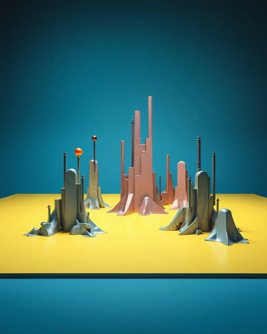 Fotografia di una superficie piatta di colore azzurro chiaro e giallo pastello, su cui si ergono enormi surreali strutture di forma astratta e surreale, di metallo, di colori vari, forti contrasti. Buio. Yves Tanguy odd style. Strong 3d deep field. Oscurità, paranoic, obsessive, homologic, phobic, nightmare, notte, glossy, hasselblad h6d400c --ar 85:128 --v 6.