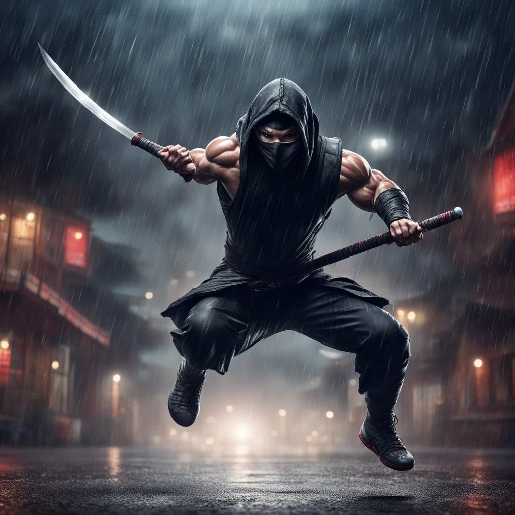 Hyper Realistic muscular-masked-ninja-warrior jumping & training with his swords in a dark-heavy-rainy-night