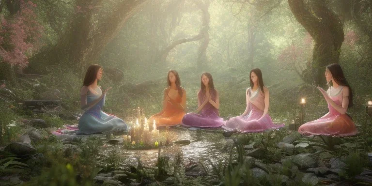 group of beautiful ladies in colour of the rainbow dresses meditating in an enchanted forest with a spring like chalice well at night, candles in the trees, crystals around, insense burning, super realistic, high detail