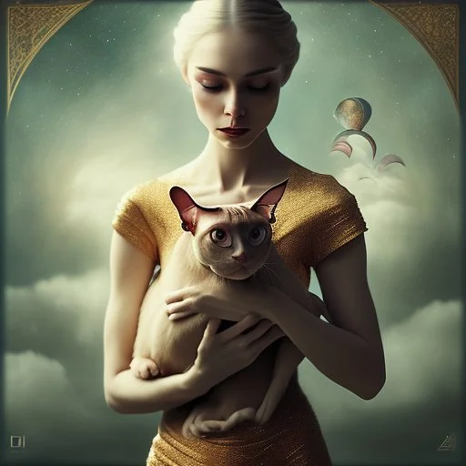 Single image: A Very Beautiful pretty dreamy Lady holding elegant Sphynx-like Siamese cat in eerie beautiful landscape art by Anka Zhuravleva, Sandy Welch, Jane Small, Aliza Razell, Eduard Veith, Joel Robison, Mikhail Vrubel, Ferdinand Hodler, Christoffer Relander, William Timlin, Charles Rennie Mackintosh, John Lowrie Morrison, Sidney Nolan. 3/4 Headshot, Volumetric lighting, 3d, mixed media, Best quality, crisp quality