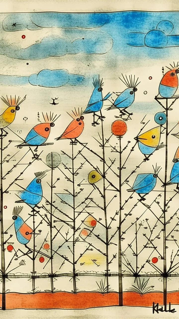A white sky with singing birds painted by Paul Klee