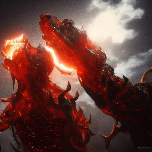 Cerberus, character-design, fire pouring from each mouth, full body, fiery dark skies in the underworld with Hades in the background, 8k, highly detailed, hyperreal, octane render, hdr, dark, sparkling lights, Cinematography lighting, mysterious, glister, surrealism, campbell white, 8K