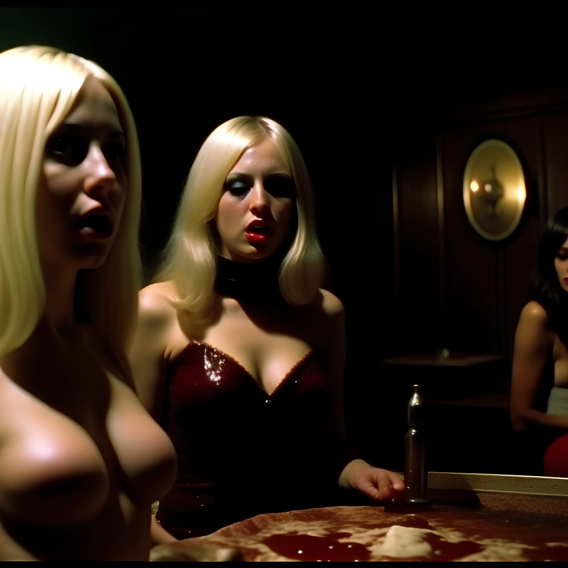 Horror movie shot, spooky, hot, ultra realistic, dine, they enjoy hot organs, ultra realistic hot blonde women, party, pieces of meat, organs, ail, dynamic, very excited people, hypermaximalist figures, light, 1970's Italian horror movie, sinister,, Dario Argento, Stanley Kubrik, ornate, 4k, photorealism