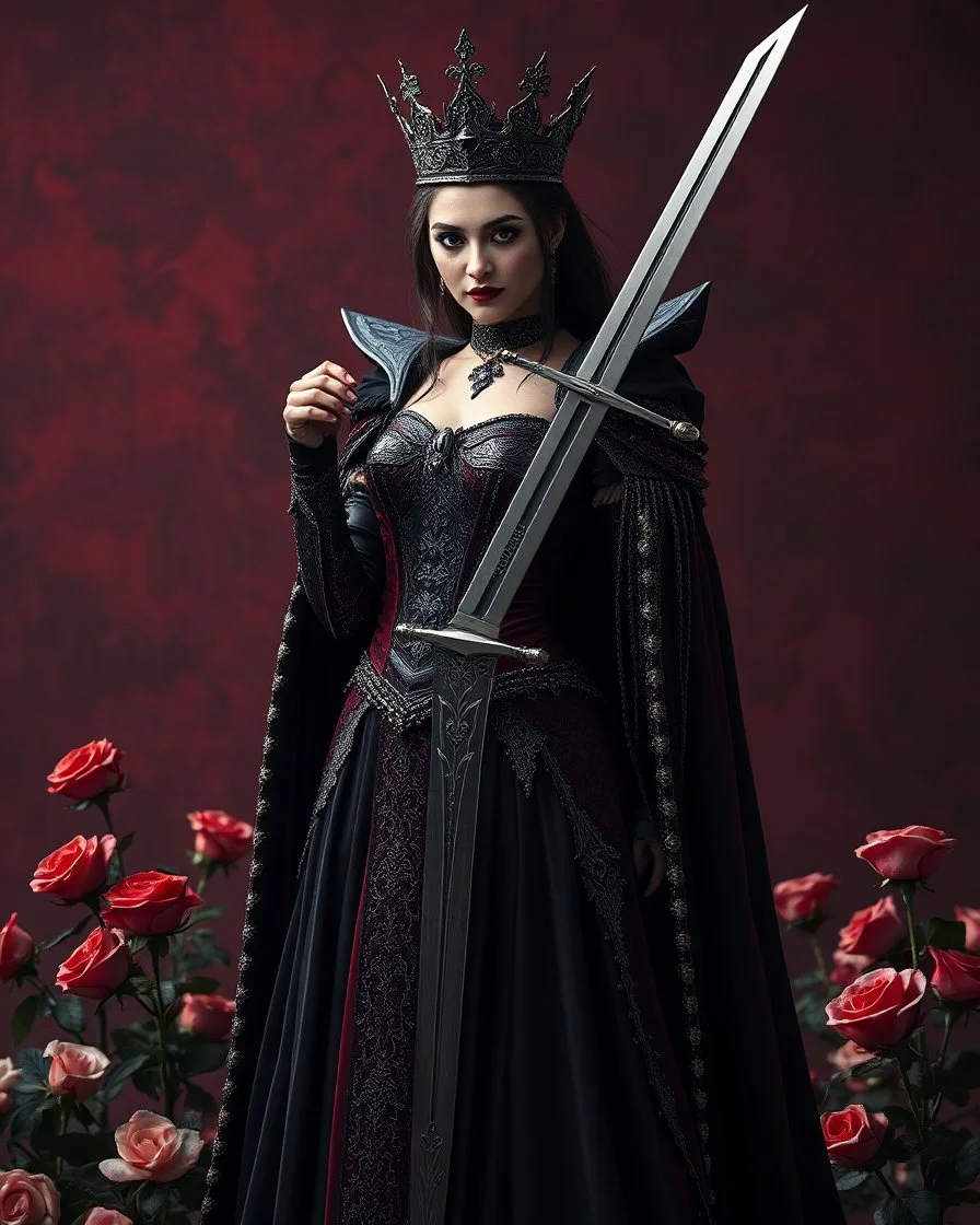 Beautiful Gothic Queen Vampire,length image angle distance dystopian hold the wonderfully stainless steel bright shine shiny metal craft standing pose luxury king engrave sword,sorrounded roses flowers background