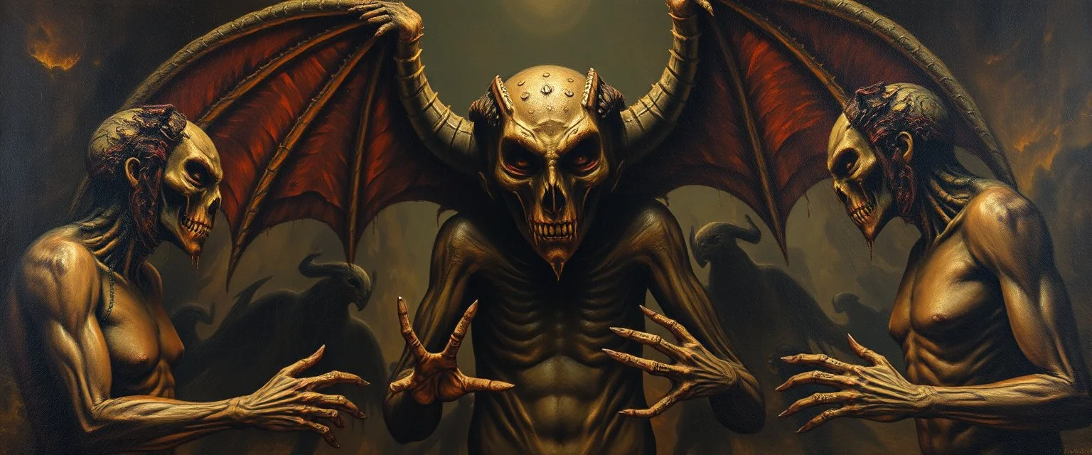 master oil painting by Rembrandt, nephilim fascist trauma watchers in the style of Giger