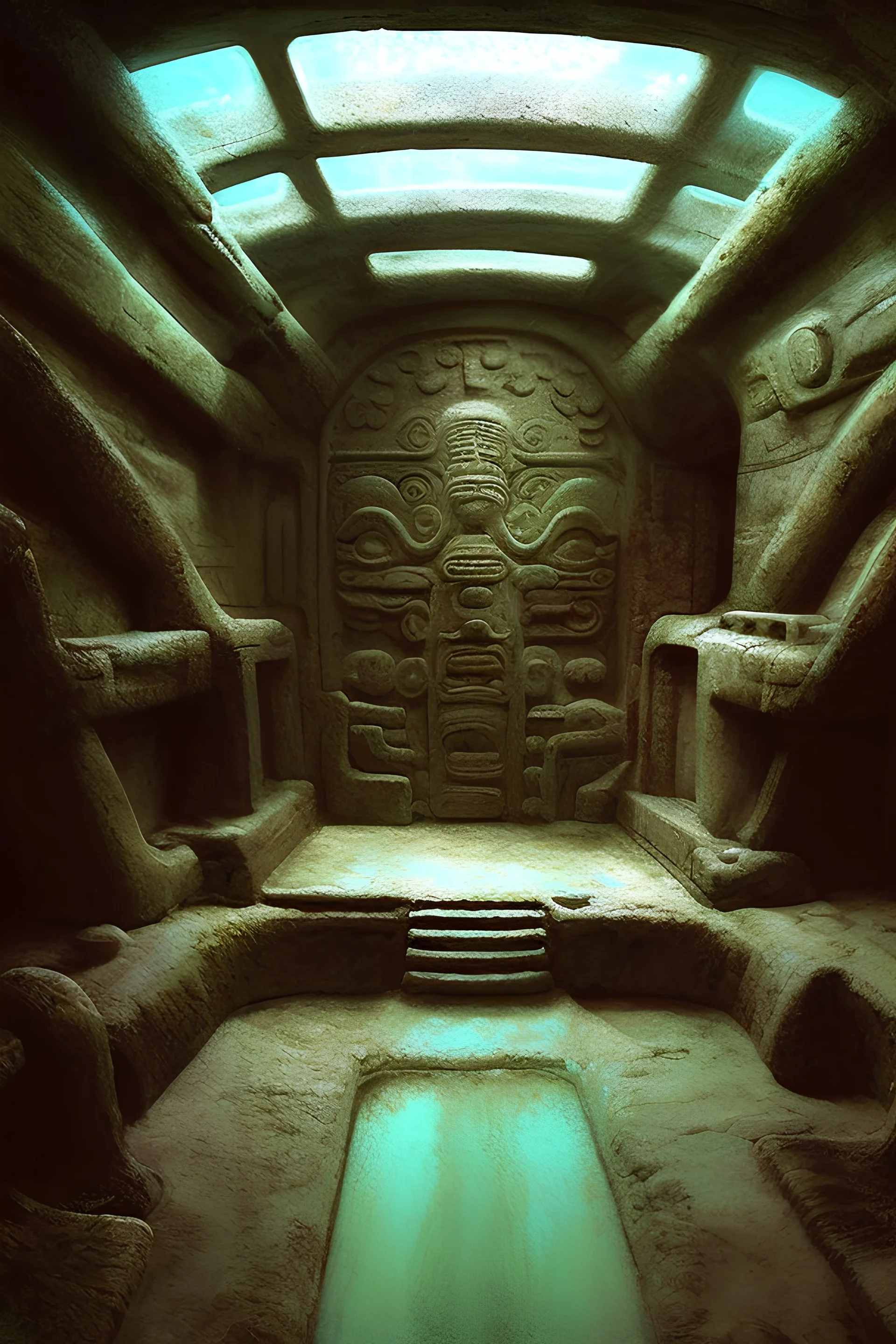 a look from the inside of an ancient maya submarine, hyper realism, photo realism, realistic lighting, realistic color grading