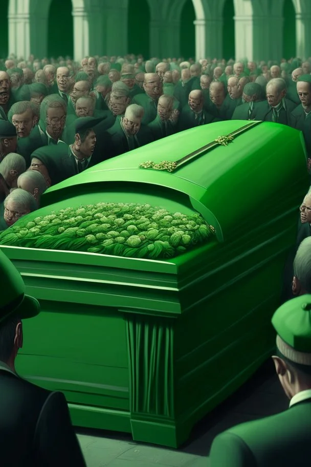 A funeral with a lot of people, with a green casket, high-quality detail,