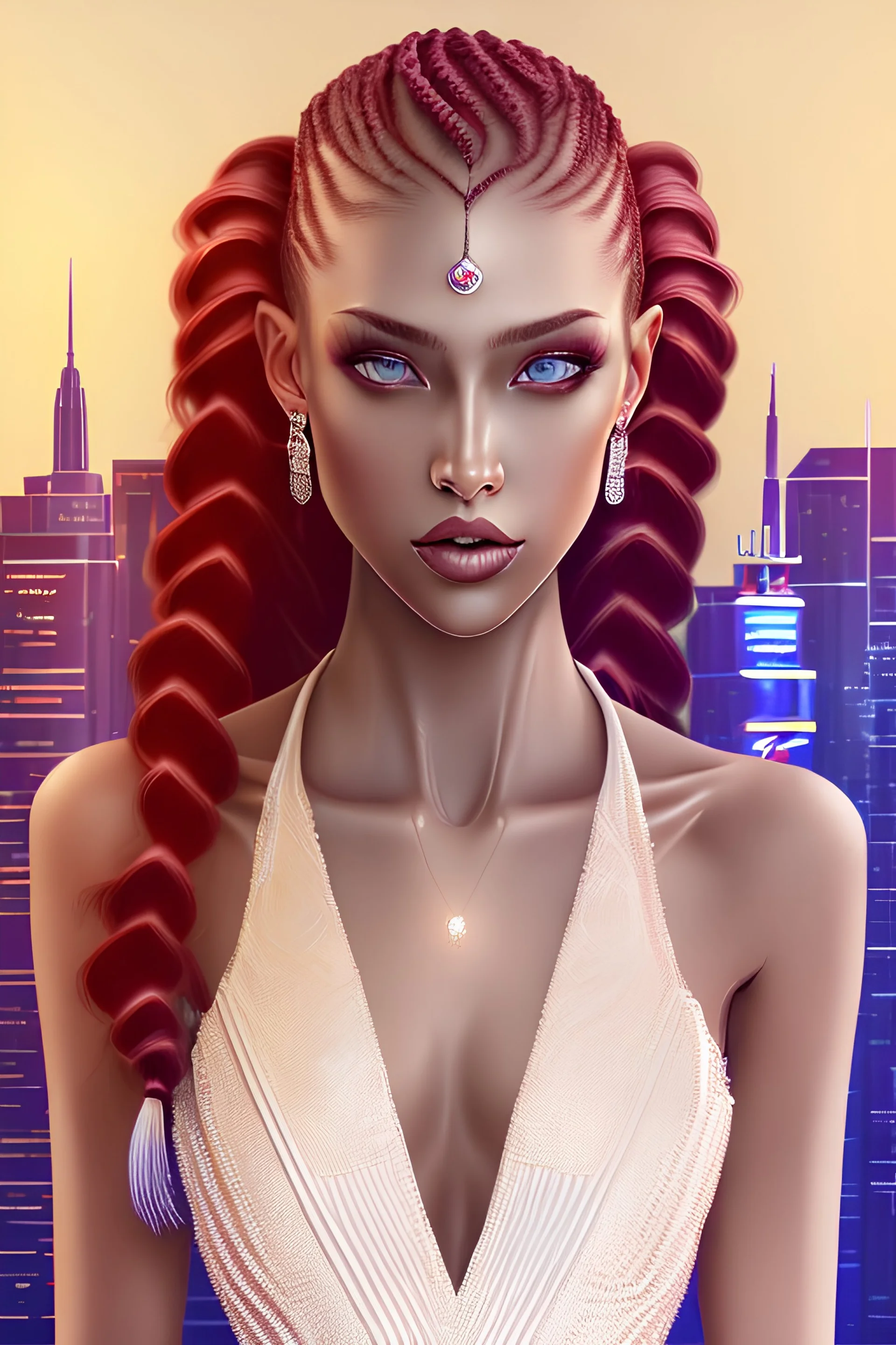 professional portrait, (extremely detailed CG unity 8k wallpaper), full shot body photo of a beautiful women with short dress , long wavy hair with a single braid, Intricate, High Detail, Sharp focus, dramatic, photorealistic, strawberry ginger hair, malachite eyes, three point lighting, city at night in the background with bokeh. dslr, f2.0, 19 years old