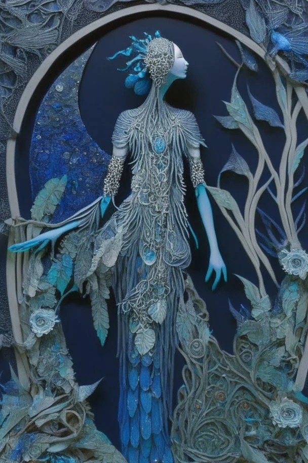 Artwork entitled "Two Moon Pond Goddess " depicts a partially skeletonized Pond Goddess wearing a gown made from detailed quilling consisting of feathers, foliage, fish scales, flowers, and gemstones appearing inside an archway of quilling growing around her and one of the moons; quilling