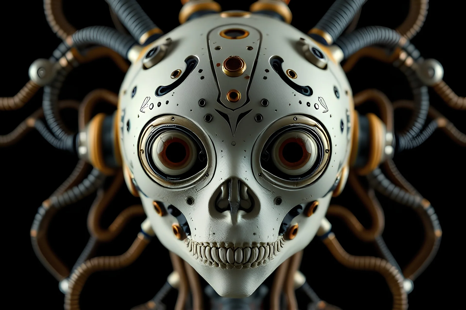 A digital photograph of a android non-humanoid 8 eyes, layered, 64k, anatomically correct, 3d, organic surrealism, photorealistic, steampunk, biopunk, cyberpunk, retrofuturism, bilateral symmetry