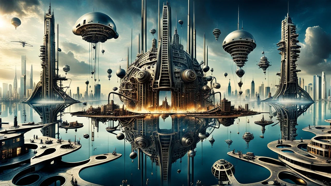 a stunningly weird image of a futuristic tall floatings metropolis using Salvador Dali's paranoiac-critical method, where buildings and structures appear to melt into the skyline cityscape is filled with floating mad, twisted sharp metal shapes that interact with the buildings and each other, forming a surreal tableau of a dreamlike reality. neu-steampunk vibe, essence of the scene in a cinematic manner, dramatic shadows , perspectives and bizarre, deep colors, futuristic surreal