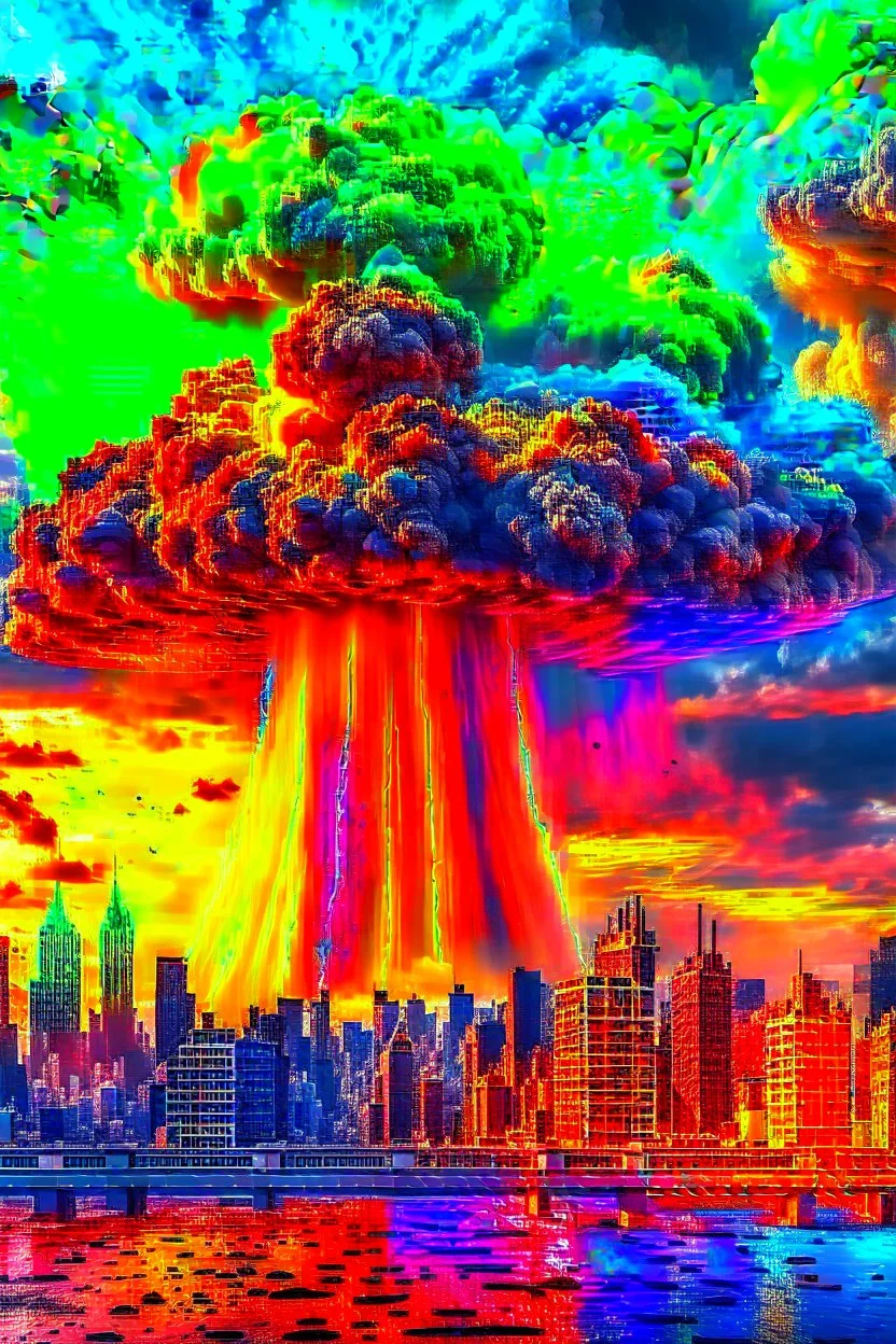 A volcano exploding over a New York City, inside the explosion a face of the ghost of distraction