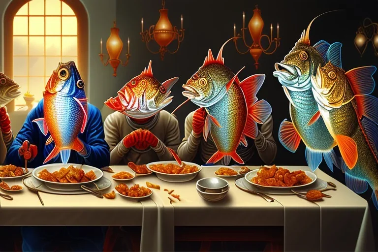 supper, fish sit at the table and eat pieces of people.