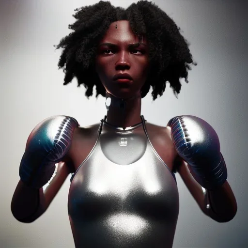 Cyberpunk robot black girl, boxing in the ring, unreal engine 5, octane render,cinema4d, dynamic lighting, 8k, redshift render, highly, hyperrealism ultra detailed, hyper realistic.