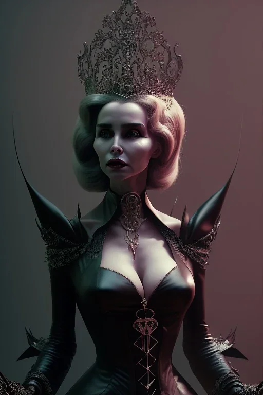 Constance Langdon as evil queen in black leather, leather, busty, cleavage, angry, stern look. character design by cory loftis, fenghua zhong, ryohei hase, ismail inceoglu and ruan jia. unreal engine 5, artistic lighting, highly detailed, photorealistic, fantasy