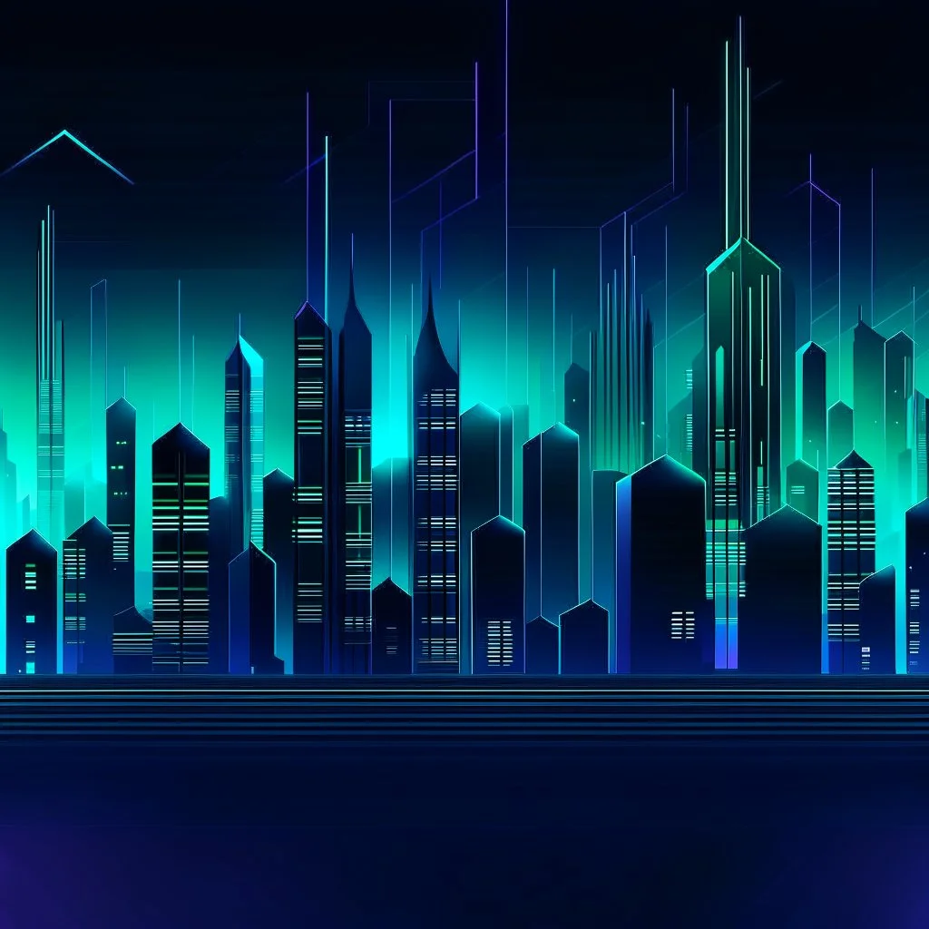 Digital and futuristic illustration of a minimalist and digital city with a dark background and gradients with light blue, light green, and purple.