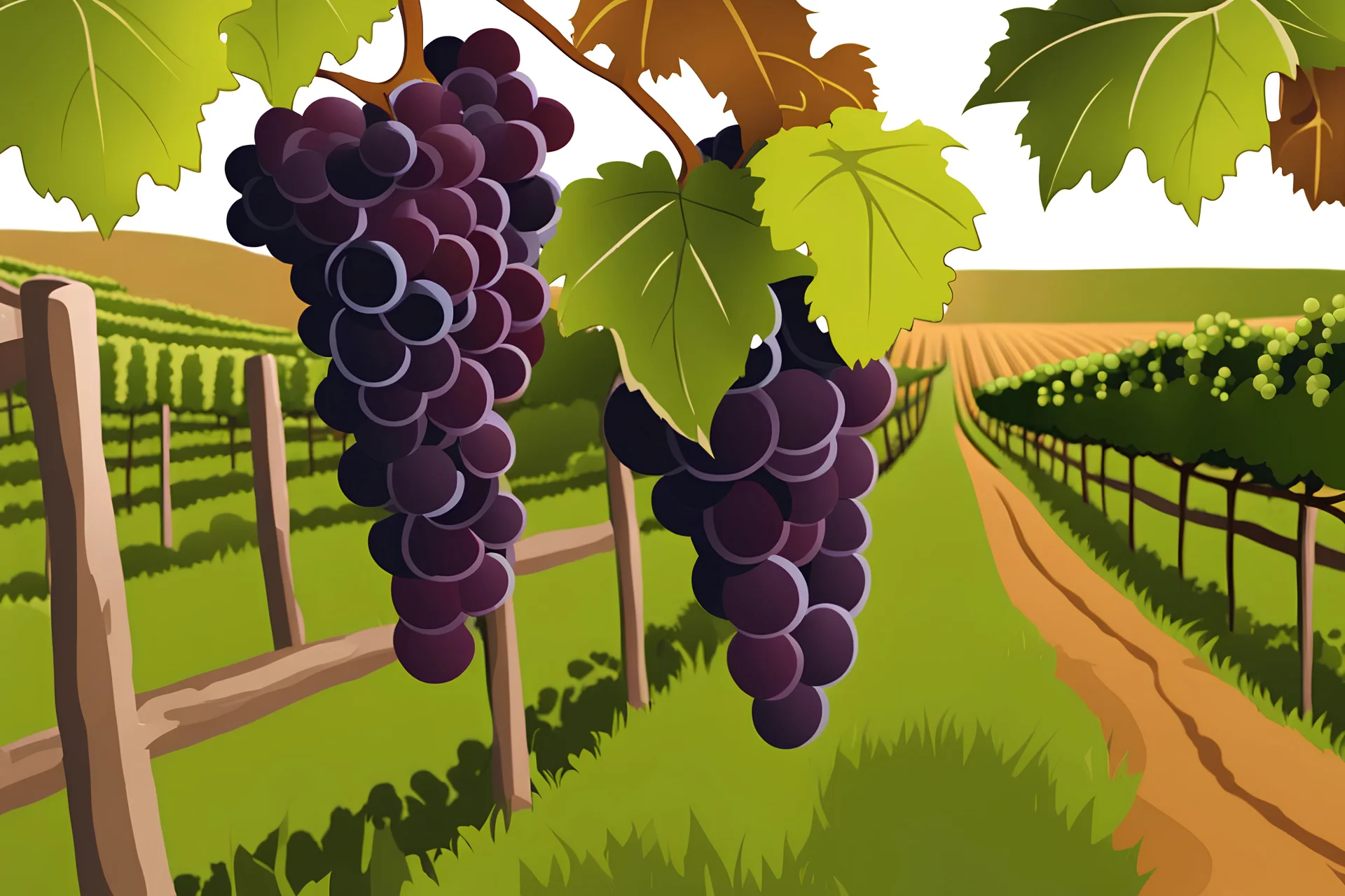 Generate an image of cartoon The vineyard should be filled with ripe grapevines stretching into the distance.