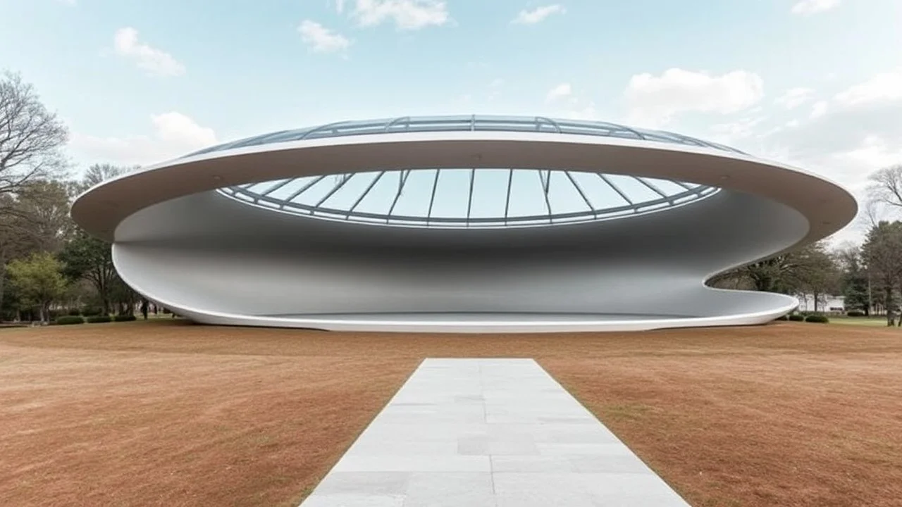 A large, elliptical-shaped pavilion set in the middle of a tranquil park. The building's sleek, continuous curve hugs the earth, with an elliptical glass roof that reflects the sky and surrounding nature. The smooth lines of the structure create a calming flow, and its minimalistic design emphasizes organic shapes inspired by natural curves. Award-winning photograph.