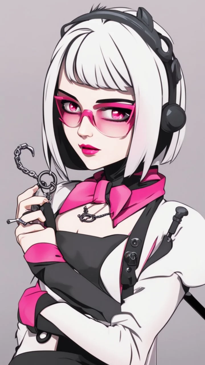 A close picture to blind cute vampire with white and pink short hair, slave, Tusks, malicious smile, Handcuffs, Weapon handcuffs in Stop-motion animation model with dynamic art style witg