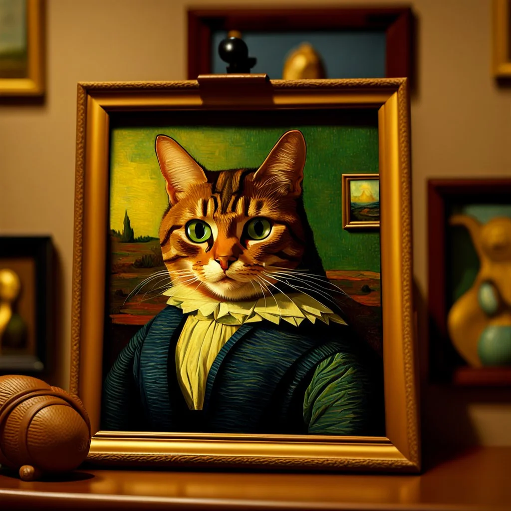 Retrato de um gato por Van Gogh com corpo de Mona Lisa, 4k