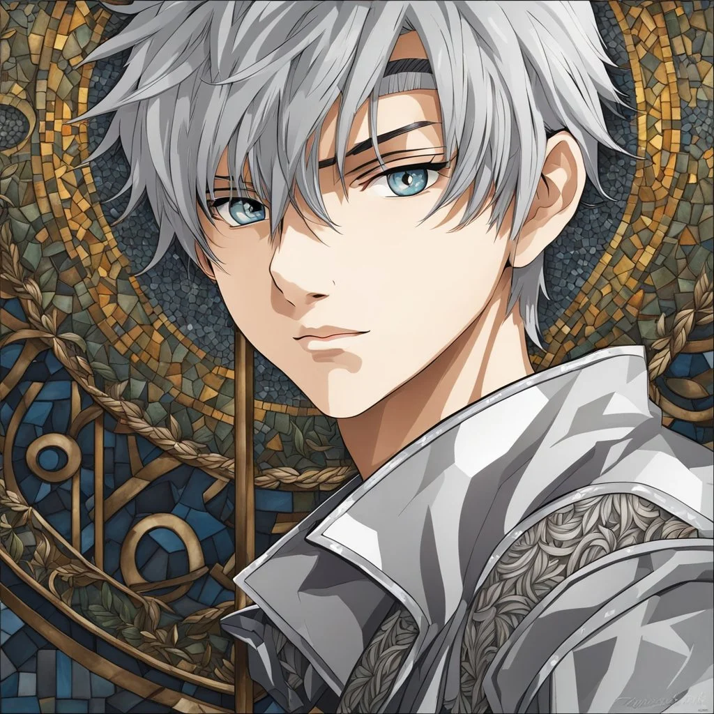 A stunningly detailed (((headshot portrait))), capturing the essence of a young man in his 20s with silver hair and piercing gray eyes, exuding a sense of confidence and protection, anime realism style, intricate mosaic backdrop