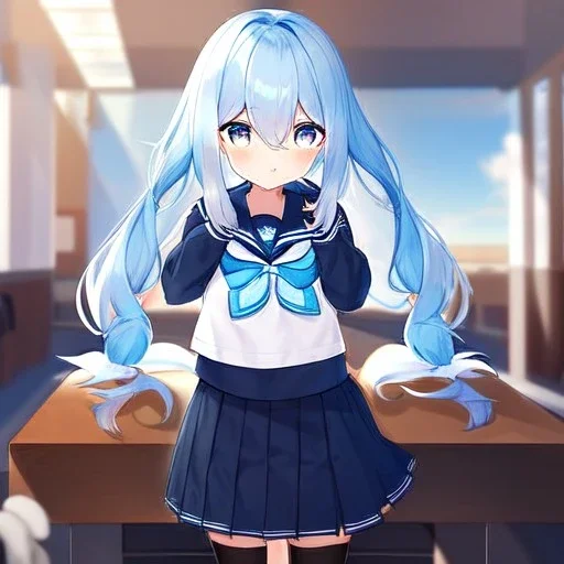 Clear focus, High resolution, long fluffy light blue hair, hair between eyes, long locks, wearing a sailor uniform, wearing a sailor skirt, long black socks, 1girl, cartoon, cute, UNFOTABLE studio