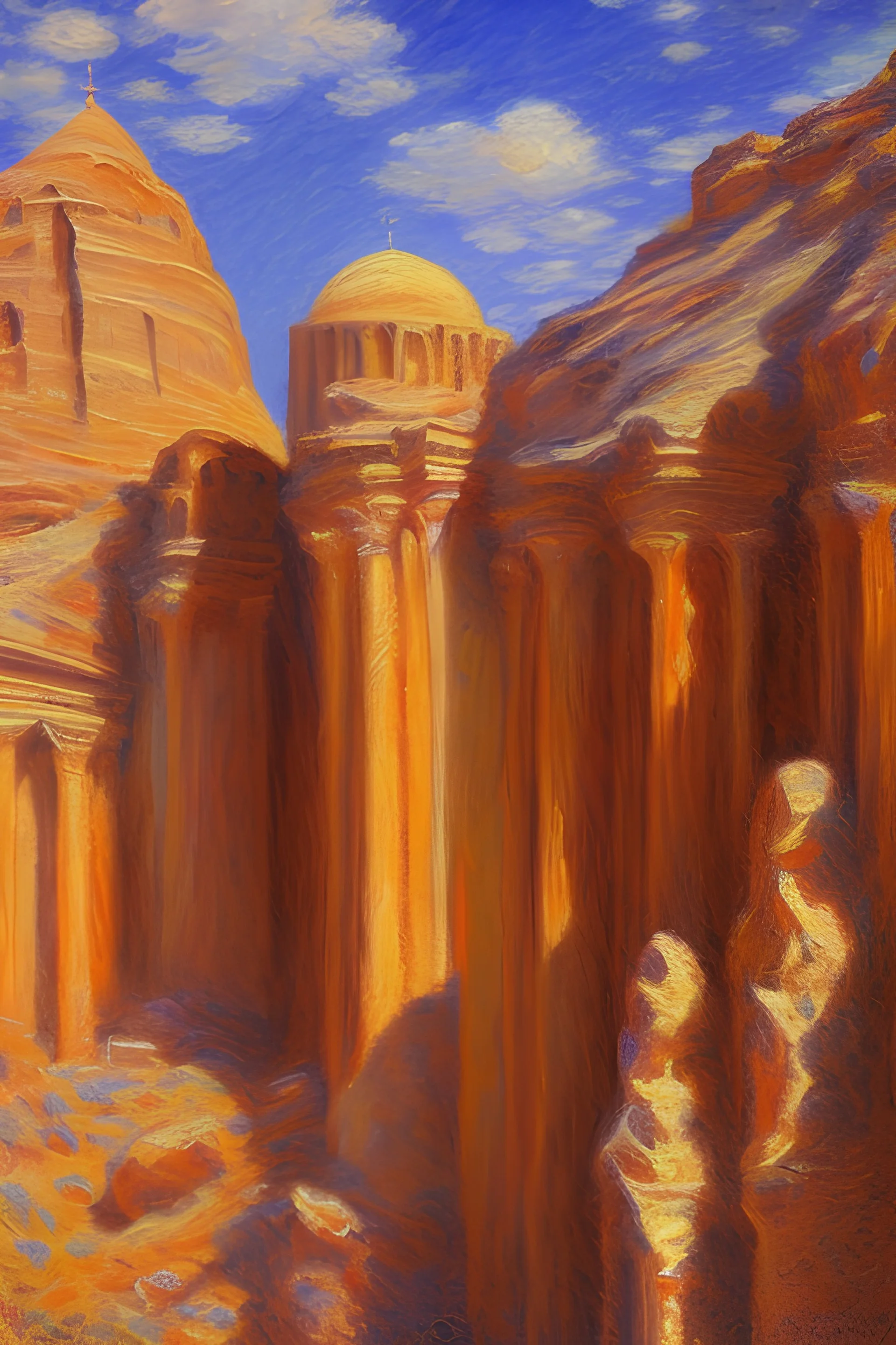 A beautiful impressionist painting by Monet. Impressionism oil painting of the monastery in Petra in Jordan.