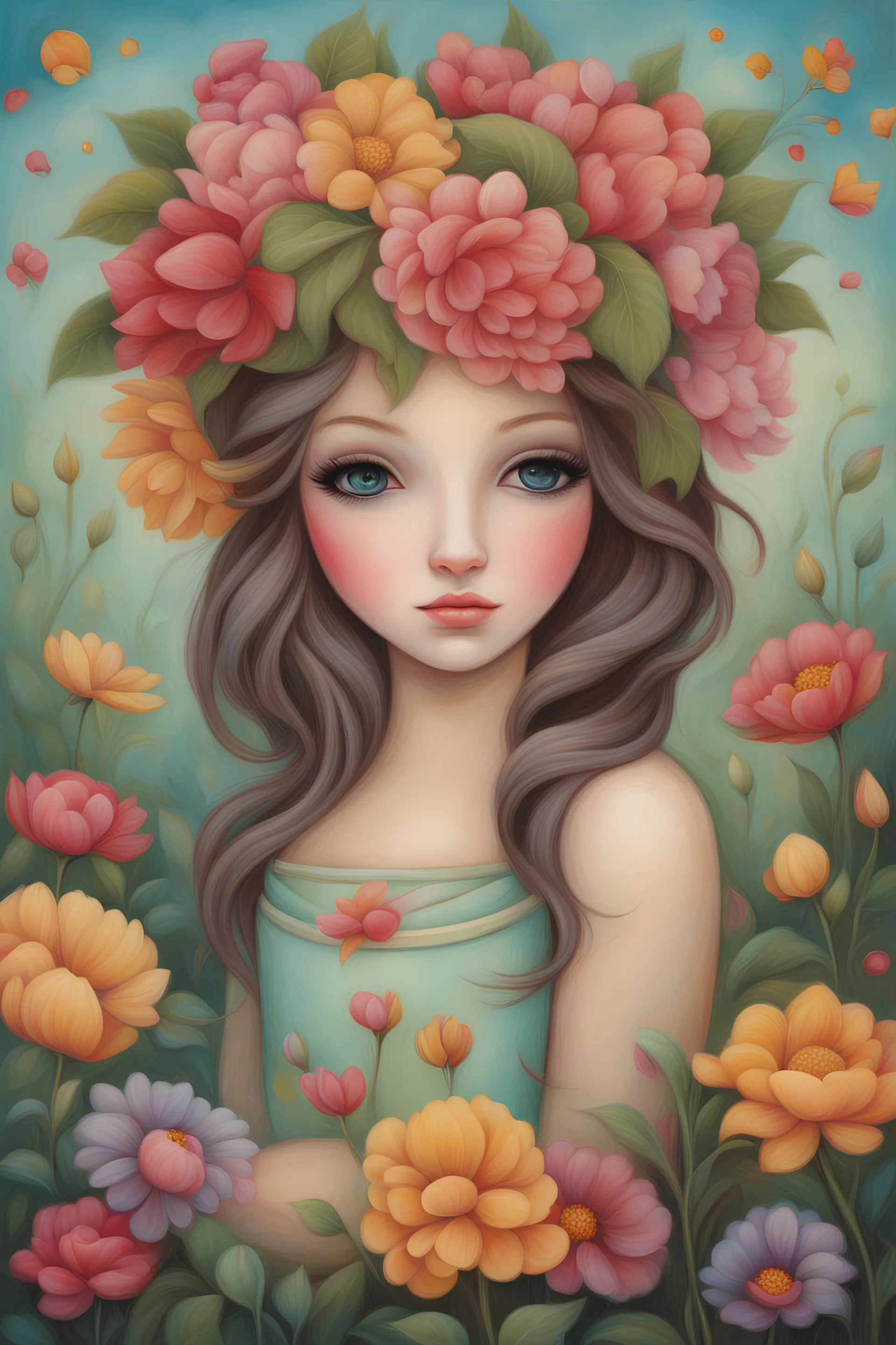 Painting of a Girl with Flowers on Her Head, Garden, by Jeremiah Ketner