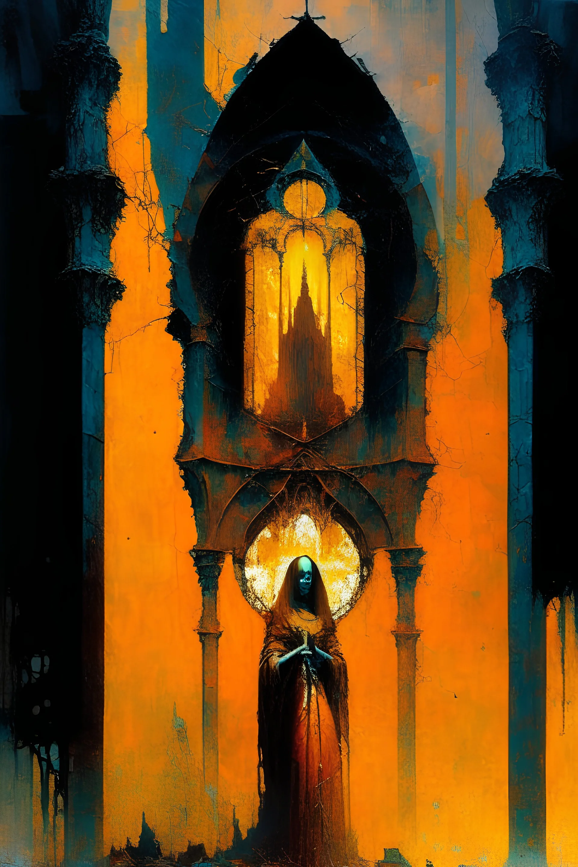 Decrepit ruined church with beautiful priestess holding a golden blood chalice in front of broken stained glass in orange smoke beksinski