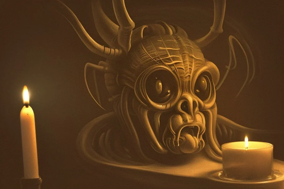 cute coffeshop creature H. R. Giger in candlelight