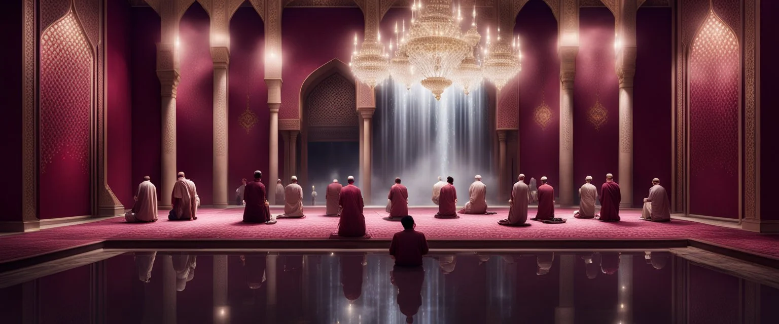 Hyper Realistic people praying inside a huge maroon wall mosque with waterfall, grass patches & small water ponds at night with small chandeliers