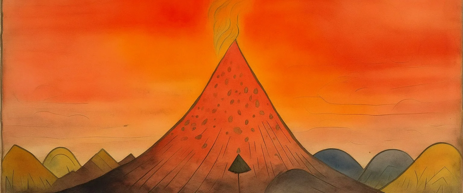 A light rosy orange colored volcano with chaotic fire painted by Paul Klee