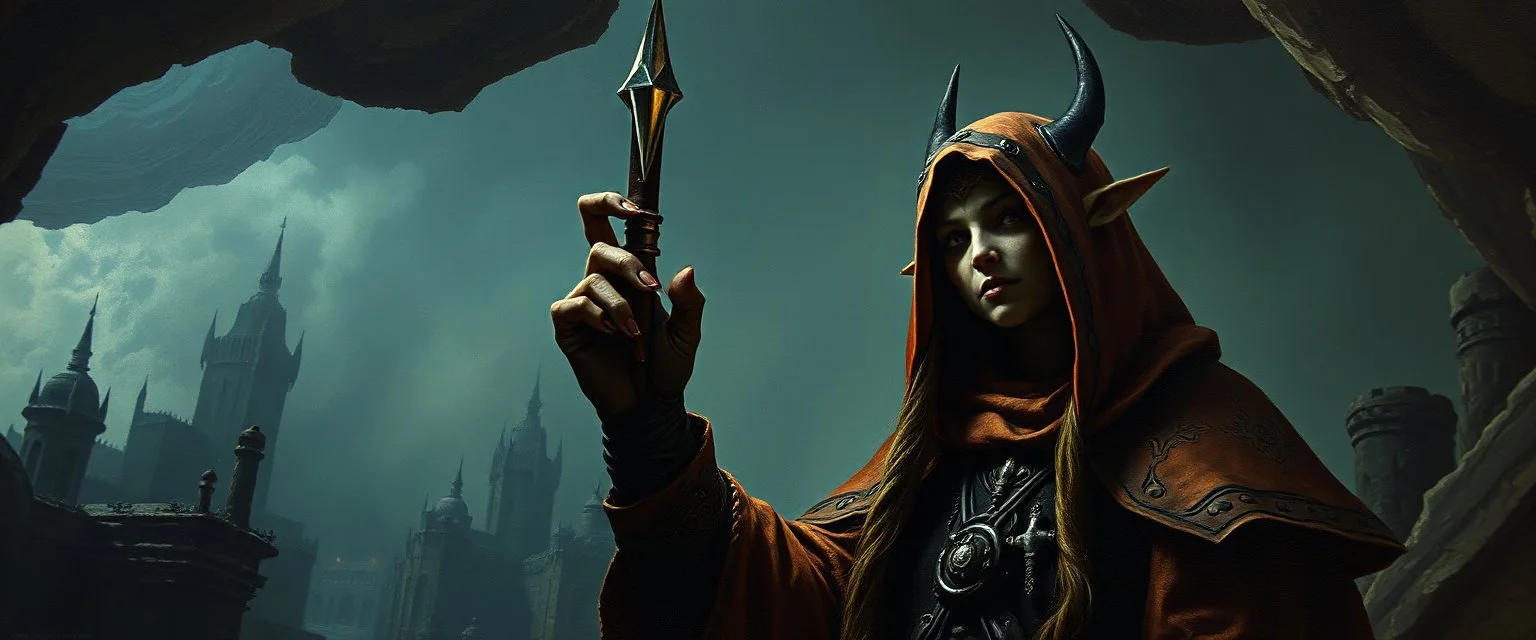 pin hole cam, master oil painting by Rembrandt,drow elf dark elf priestess of the underdark, Menzoberranzan, under ground city, fallout 4