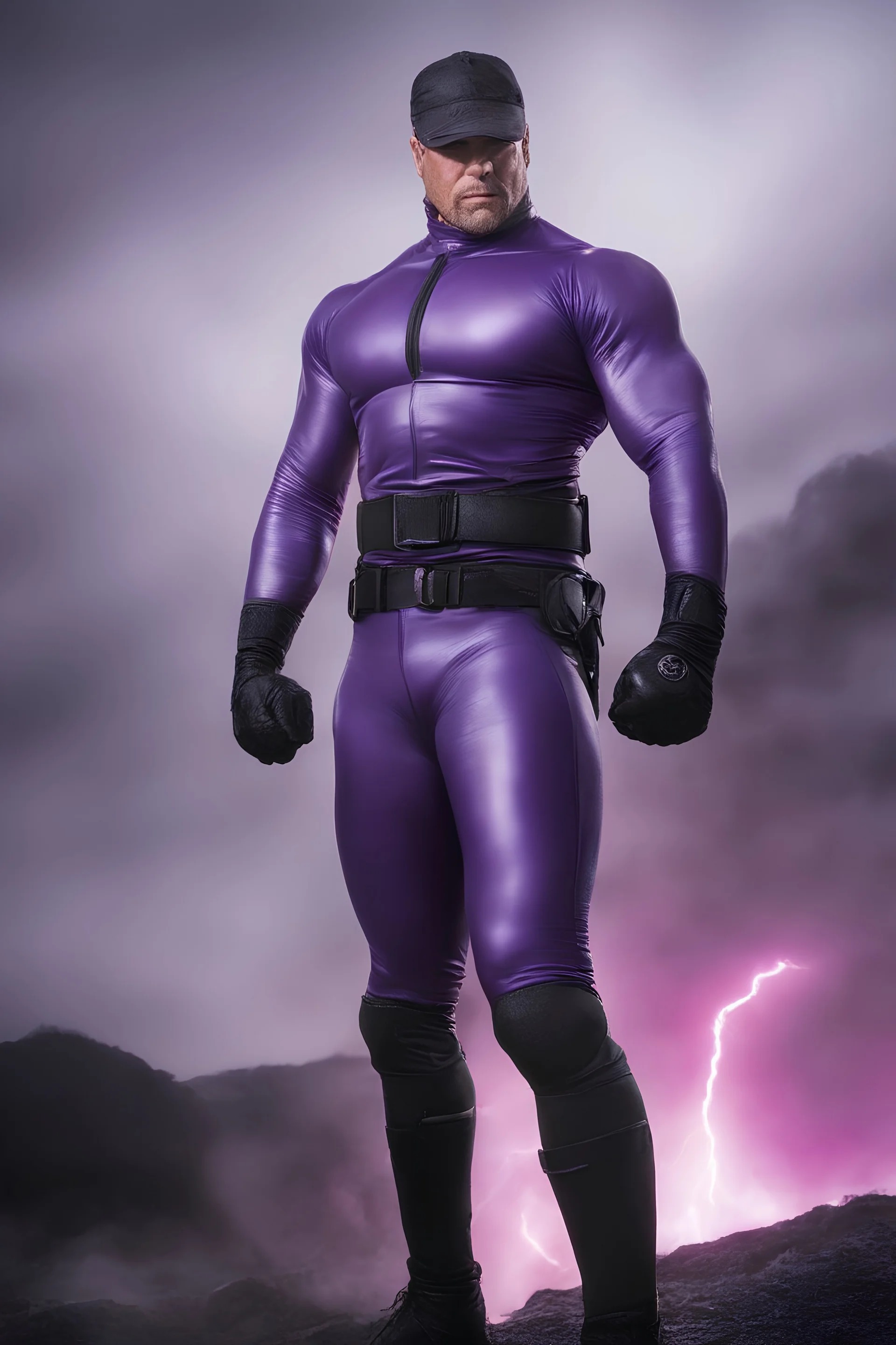 Kent Walker aka THE PHANTOM, Strong, athletic physique, Flexing poses, skin-tight, formfitting purple nylon-leather bodysuit, skin-tight, formfitting purple cowl, black utility belt, double holstered pistol belt, black knee-high boots, glowing white eyes, battle scars, blood, ((foggy, cloudy background, multicolored lightning, flowing lava, Full Eclipse, aliens, explosions, bright, vibrant, extremely colorful, detailed, blood red skies))