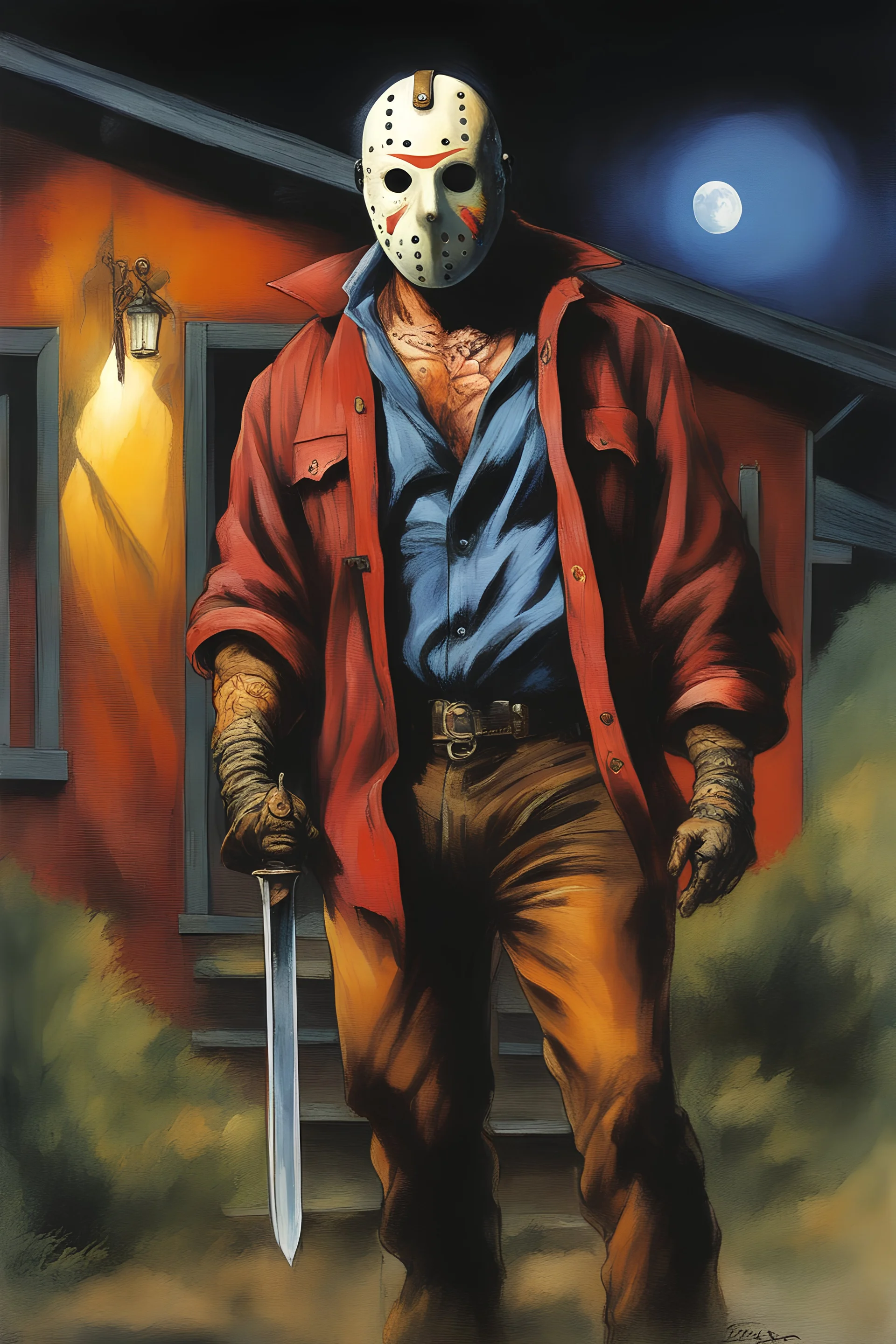 in the dead of night the bright moon shines down on a giant, extremely colorful Jason Voorhees standing outside the home of his next victim, a vibrant, extremely colorful, multicolored, watercolor stained wall in the background, in the art style of Boris Vallejo, Frank Frazetta, Julie bell, Caravaggio, Rembrandt, Michelangelo, Picasso, Gilbert Stuart, Neal Adams, Jim Lee, Sanjulian, Thomas Kinkade, Jim Lee, Alex Ross, Dorian Vallejo, Stan Lee, Norman Rockwell - Absolute Reality v16,