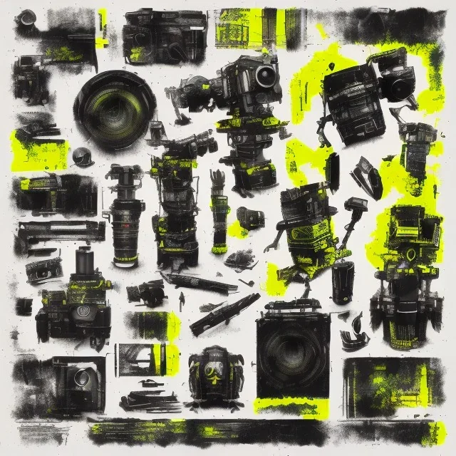 elements of photographic equipment. poster graphics. high detailed. ink and acrylic. black, green and yellow