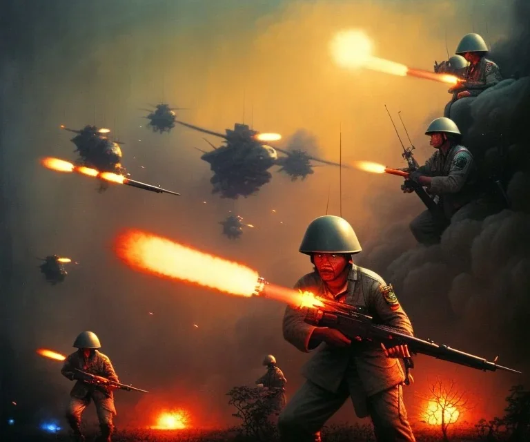 vietnam war. war. napalm. bokeh. lens flare. warm lights. high detailed. beksinski