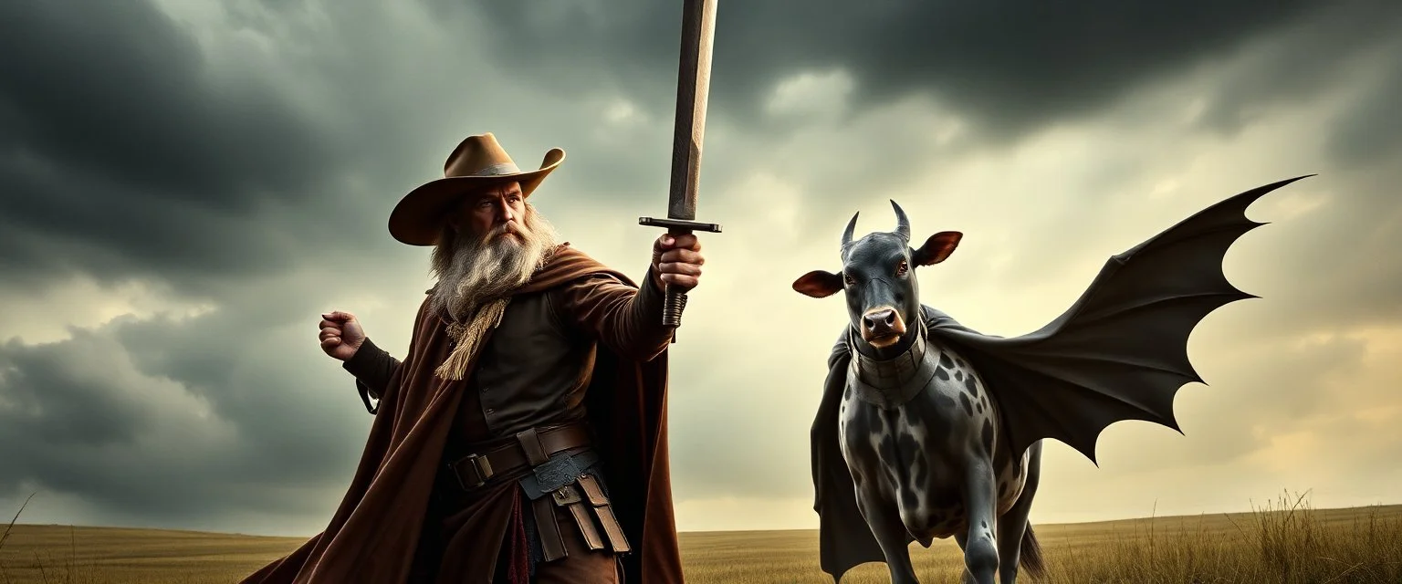 Gandalf cowboy vs Batman as a cow, movie poster
